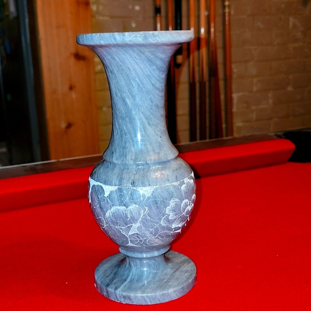 Vintage carved marble vase withfloral etched design...12" tall x 4 " wide...gray